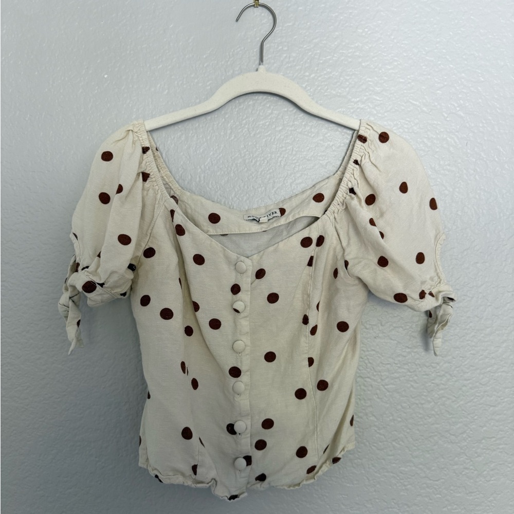 Moon River Cream and Brown Buttoned Blouse